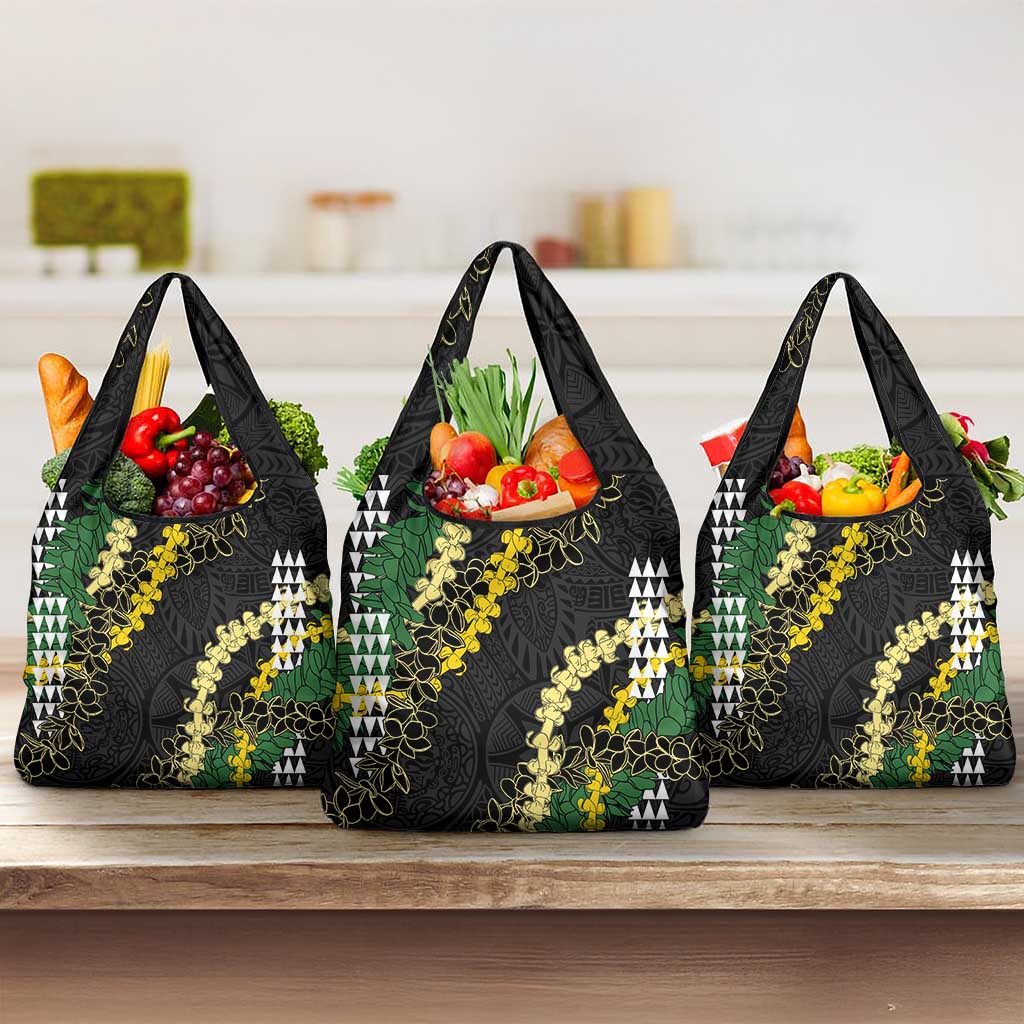 Hawaii Aloha Kakau Grocery Bag Puakenikeni and Maile Lei Twist LT7 3-pack One Size Black - Polynesian Pride