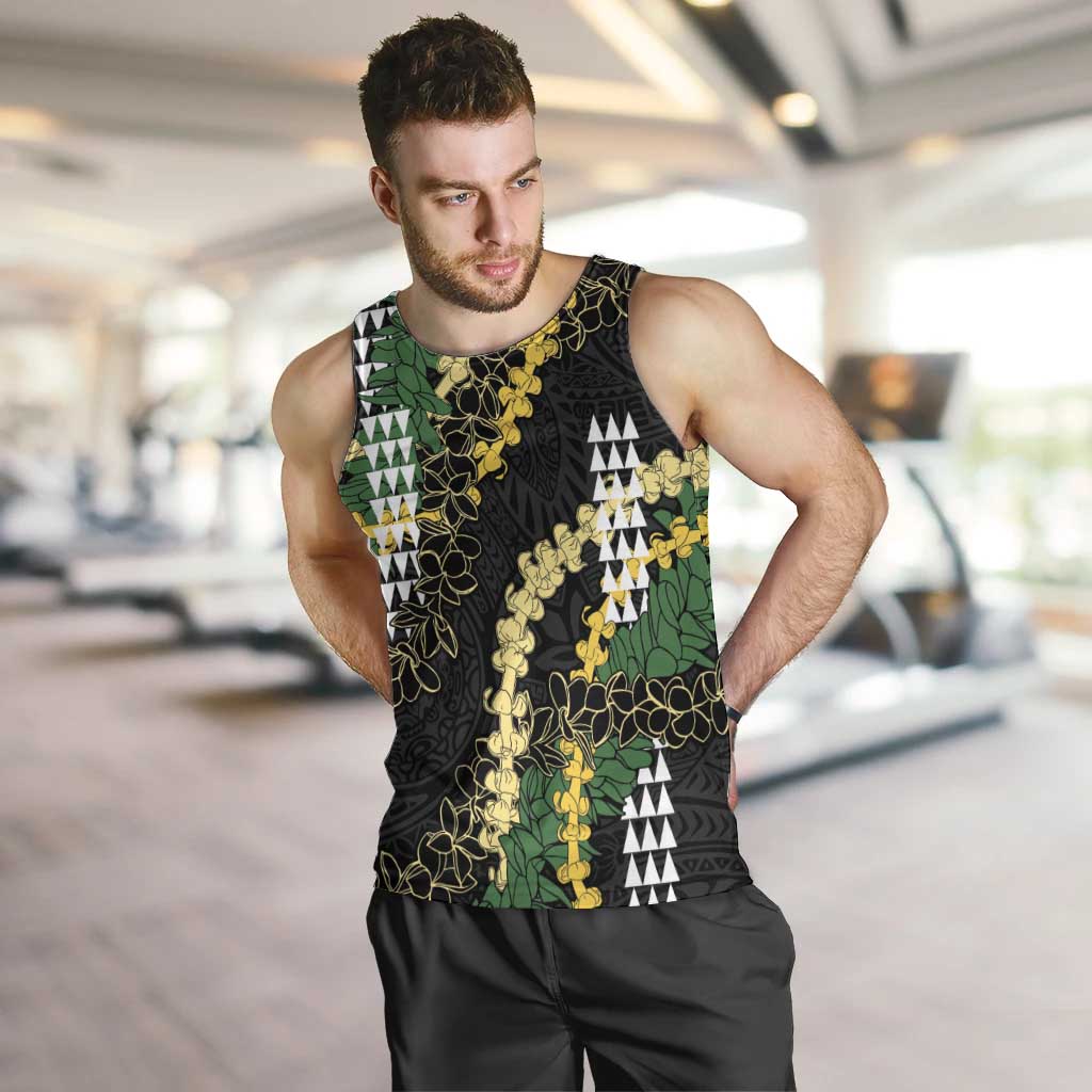 Hawaii Aloha Kakau Men Tank Top Puakenikeni and Maile Lei Twist LT7 Black - Polynesian Pride