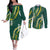 Hawaii Aloha Kakau Couples Matching Off The Shoulder Long Sleeve Dress and Long Sleeve Button Shirt Green Puakenikeni and Maile Lei Twist