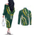 Hawaii Aloha Kakau Couples Matching Off The Shoulder Long Sleeve Dress and Long Sleeve Button Shirt Green Puakenikeni and Maile Lei Twist