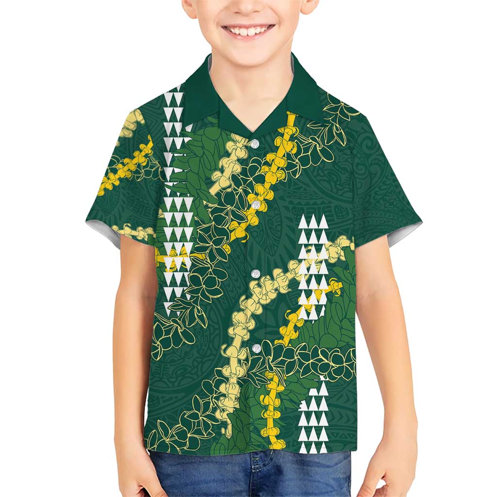 Hawaii Aloha Kakau Kid Hawaiian Shirt Green Puakenikeni and Maile Lei Twist LT7 Kid Green - Polynesian Pride