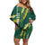 Hawaii Aloha Kakau Off Shoulder Short Dress Green Puakenikeni and Maile Lei Twist