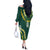 Hawaii Aloha Kakau Off The Shoulder Long Sleeve Dress Green Puakenikeni and Maile Lei Twist