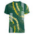 Hawaii Aloha Kakau Women V-Neck T-Shirt Green Puakenikeni and Maile Lei Twist