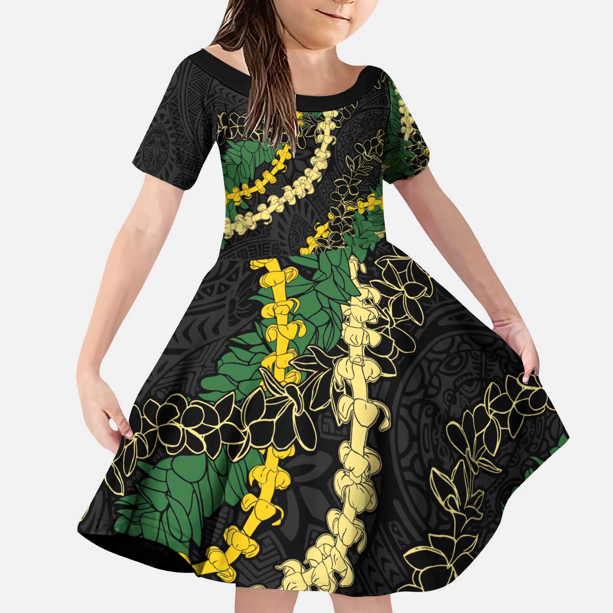 Hawaii Puakenikeni - Maile Lei Kid Short Sleeve Dress Obsidian Black LT7 KID Black - Polynesian Pride