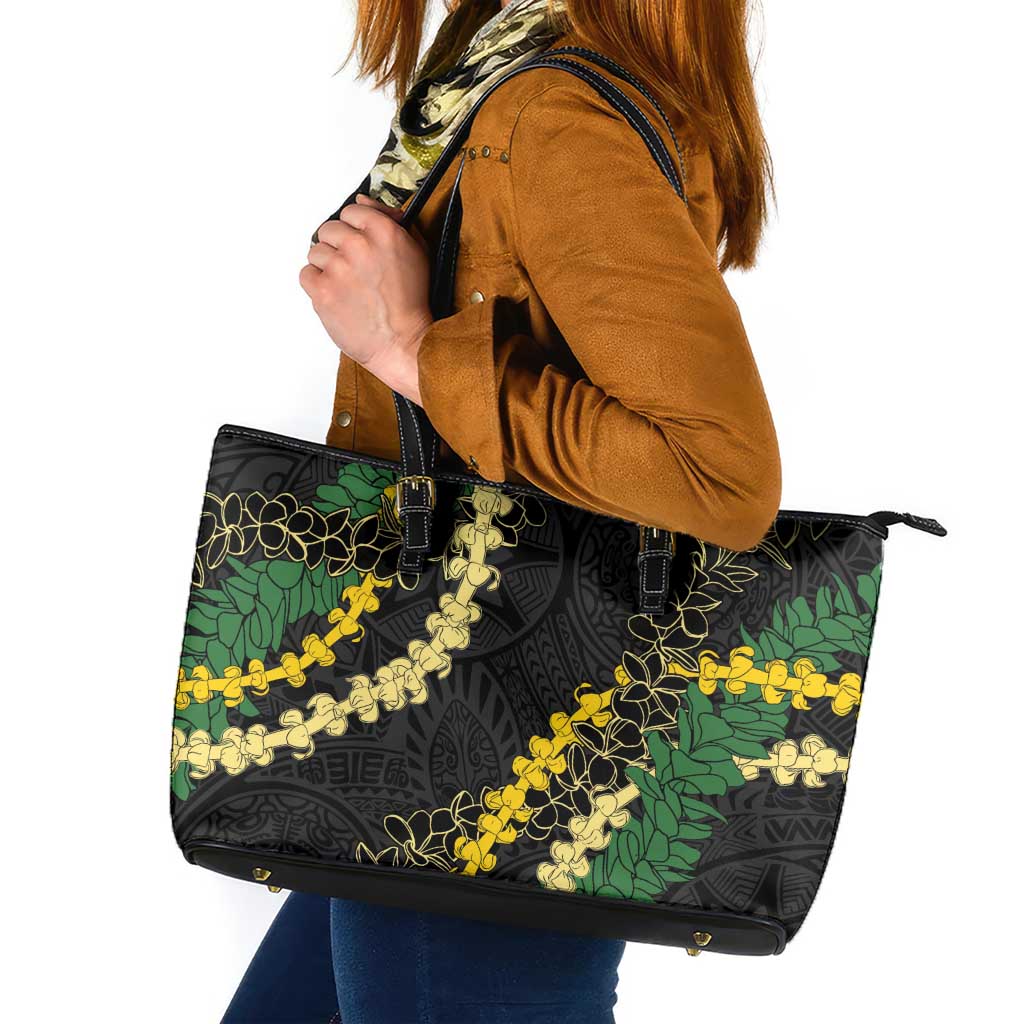 Hawaii Puakenikeni - Maile Lei Leather Tote Bag Obsidian Black LT7 Black - Polynesian Pride