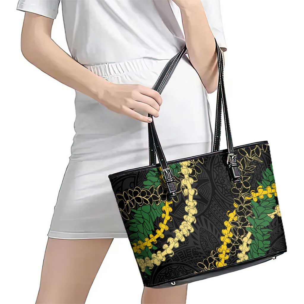 Hawaii Puakenikeni - Maile Lei Leather Tote Bag Obsidian Black LT7 - Polynesian Pride