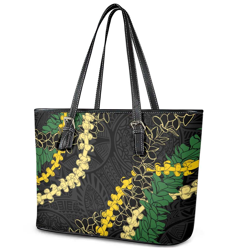 Hawaii Puakenikeni - Maile Lei Leather Tote Bag Obsidian Black LT7 - Polynesian Pride