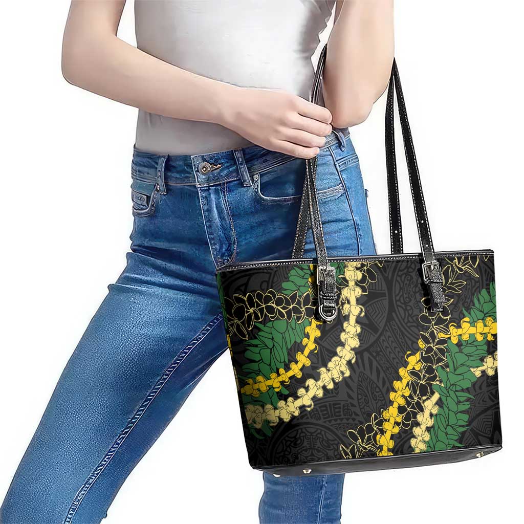 Hawaii Puakenikeni - Maile Lei Leather Tote Bag Obsidian Black LT7 - Polynesian Pride