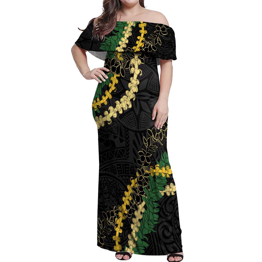 Hawaii Puakenikeni - Maile Lei Off Shoulder Maxi Dress Obsidian Black LT7 Women Black - Polynesian Pride