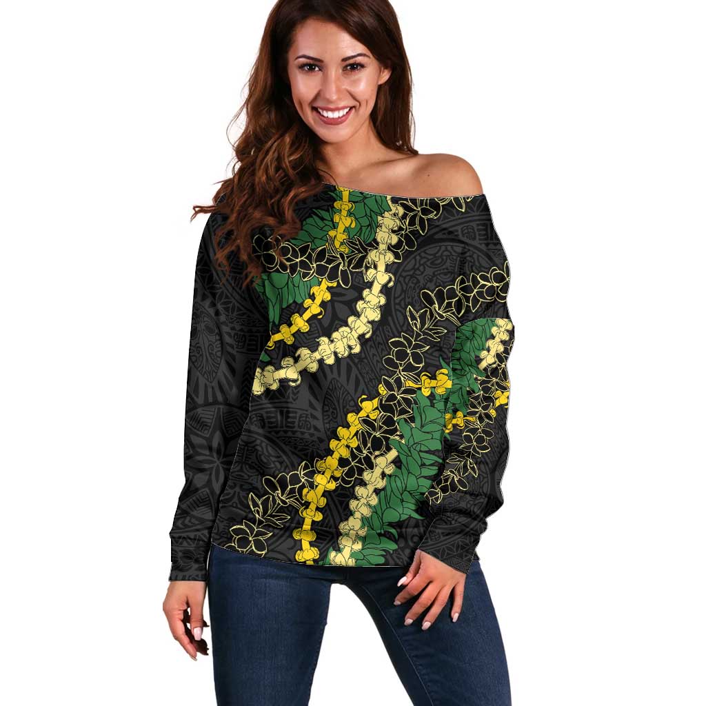 Hawaii Puakenikeni - Maile Lei Off Shoulder Sweater Obsidian Black LT7 Women Black - Polynesian Pride