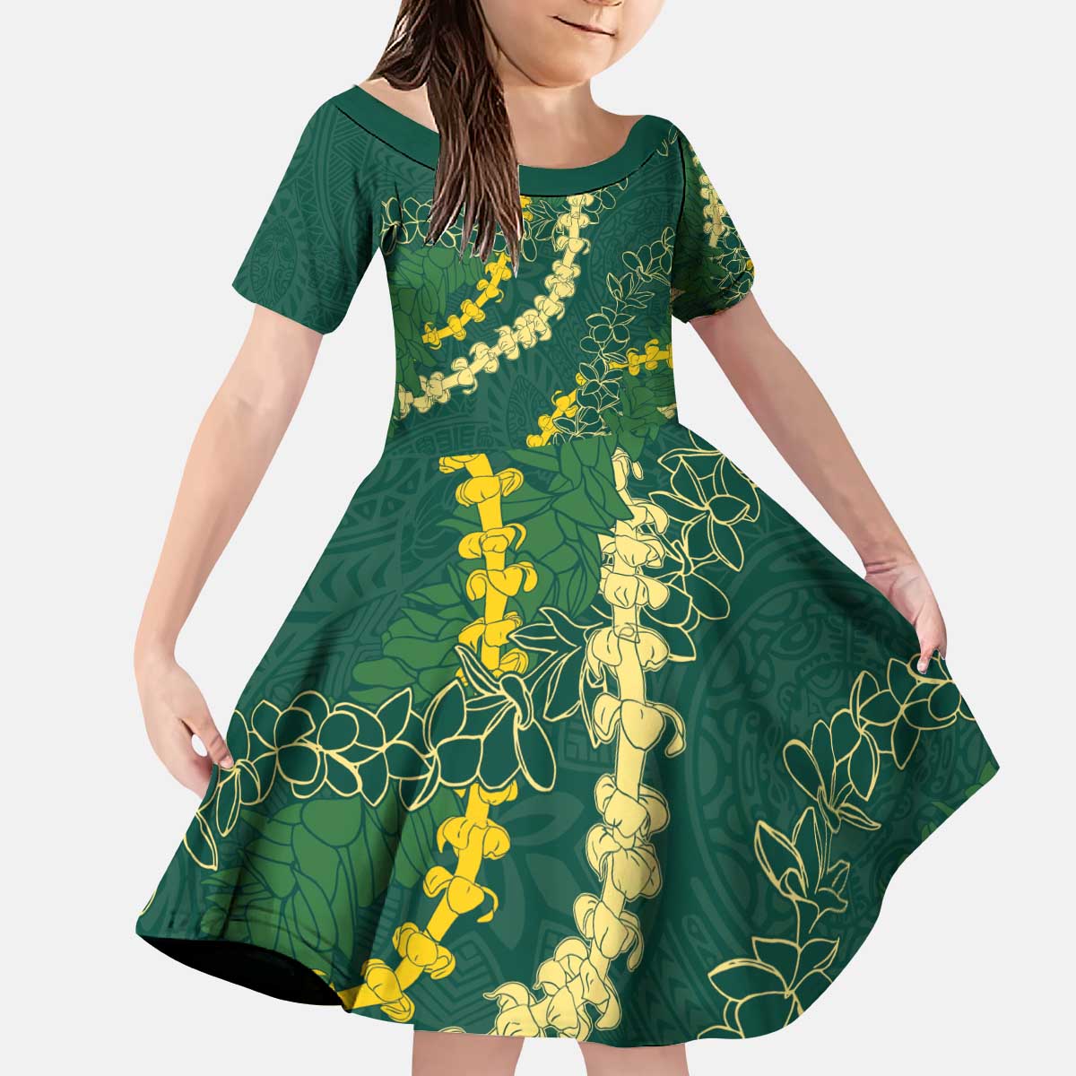 Hawaii Puakenikeni - Maile Lei Kid Short Sleeve Dress Sage Green LT7 KID Sage Green - Polynesian Pride