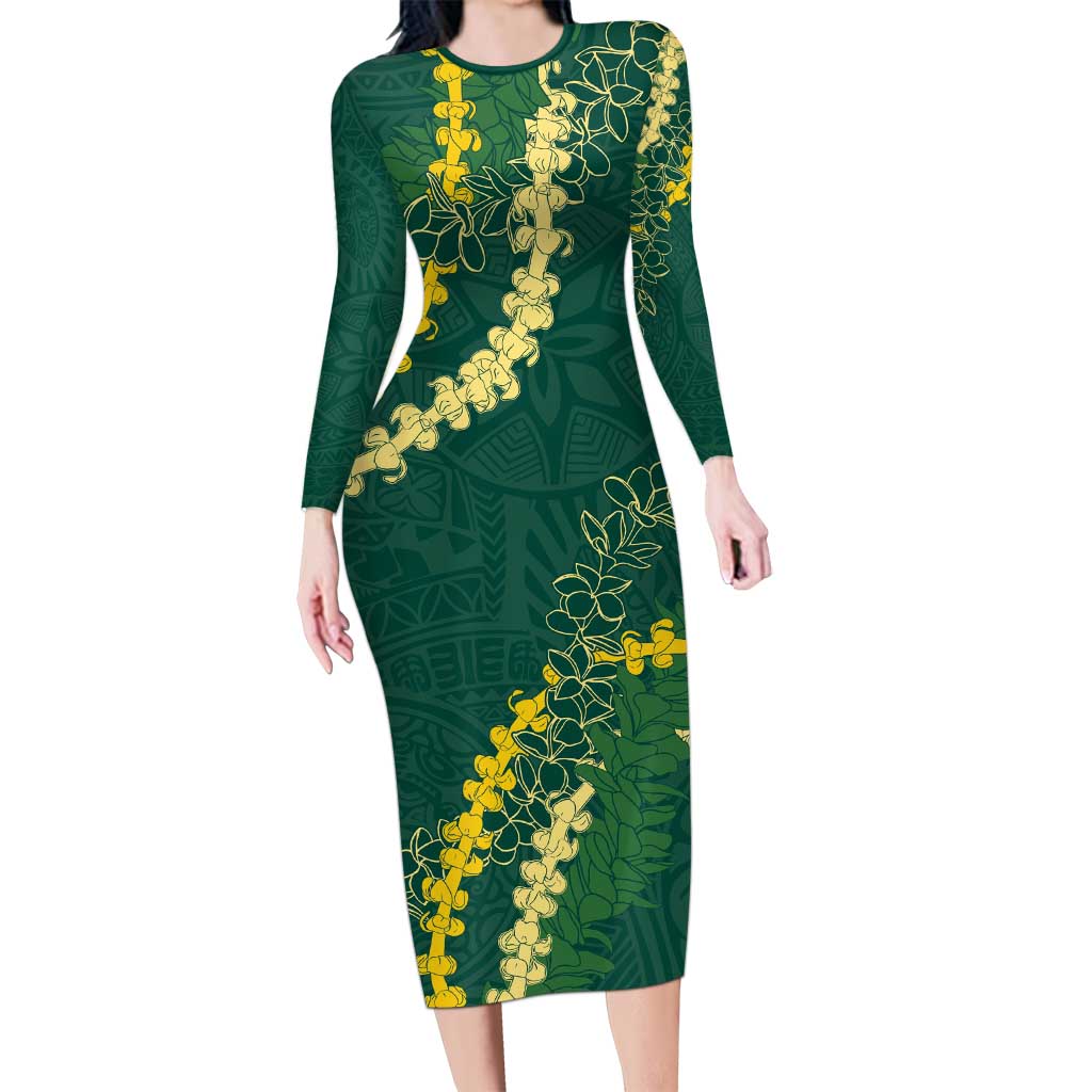 Hawaii Puakenikeni - Maile Lei Long Sleeve Bodycon Dress Sage Green LT7 Long Dress Sage Green - Polynesian Pride