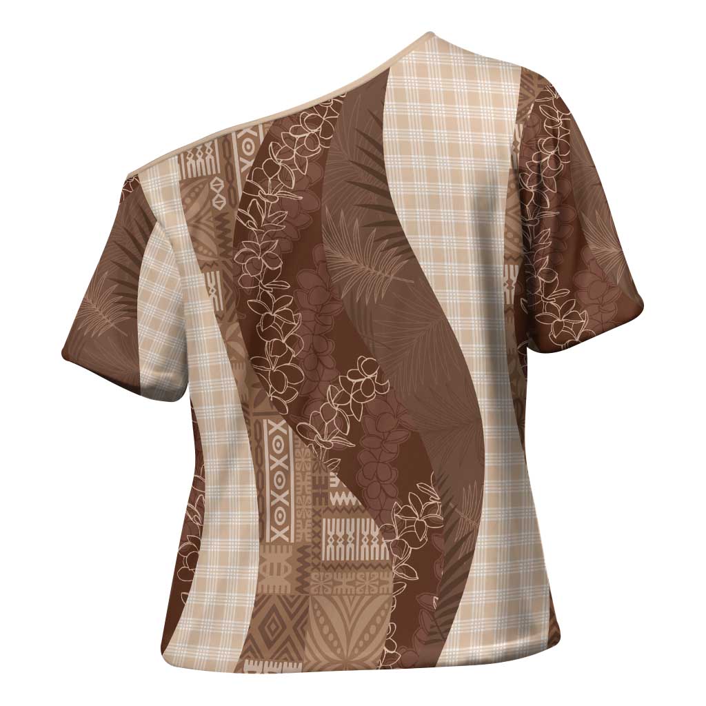 Polynesian Tribal Pattern Patchwork Picturesque Cross Shoulder Shirt Mocha LT7 - Polynesian Pride