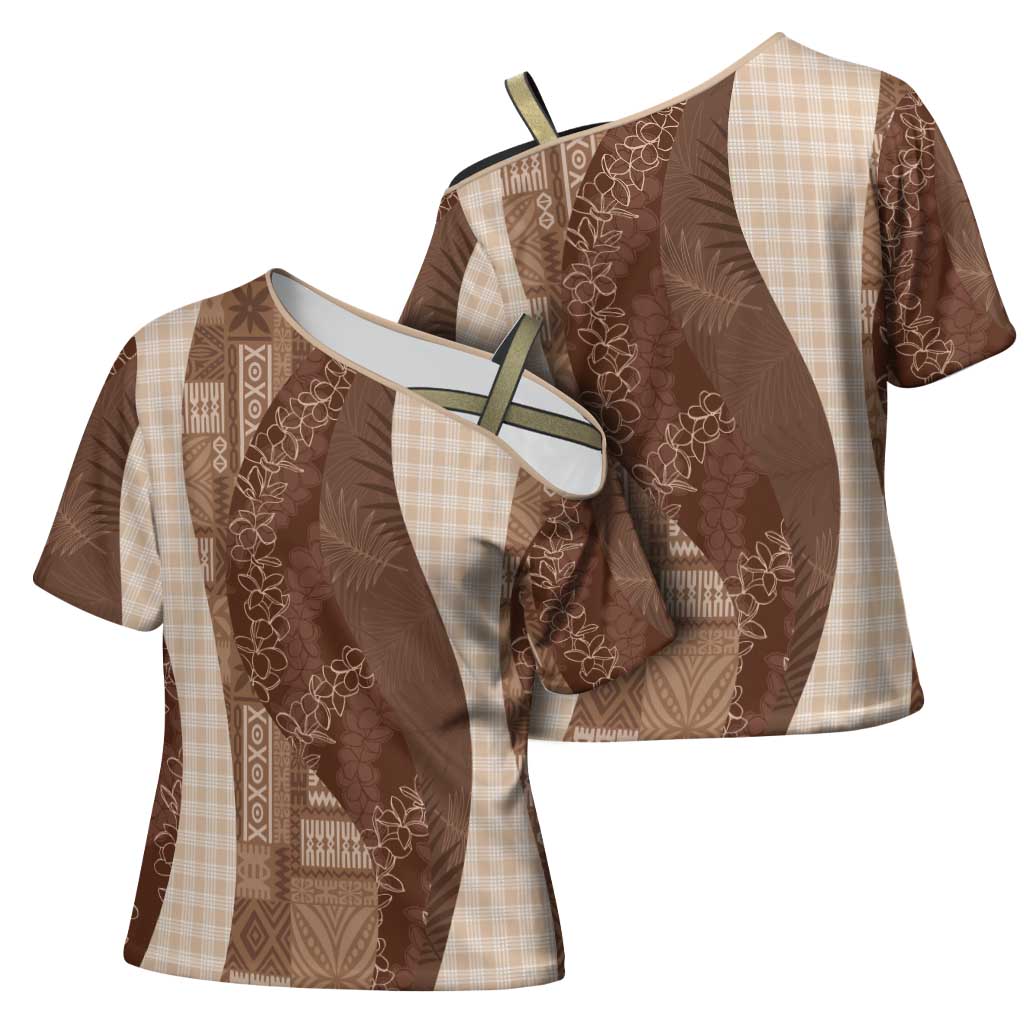 Polynesian Tribal Pattern Patchwork Picturesque Cross Shoulder Shirt Mocha LT7 - Polynesian Pride