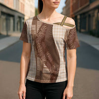 Polynesian Tribal Pattern Patchwork Picturesque Cross Shoulder Shirt Mocha LT7 - Polynesian Pride