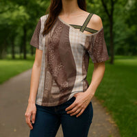Polynesian Tribal Pattern Patchwork Picturesque Cross Shoulder Shirt Mocha LT7 - Polynesian Pride
