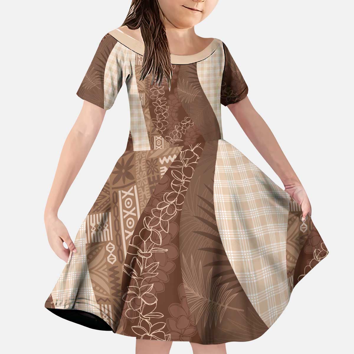 Polynesian Tribal Pattern Patchwork Picturesque Kid Short Sleeve Dress Mocha LT7 KID Mocha - Polynesian Pride