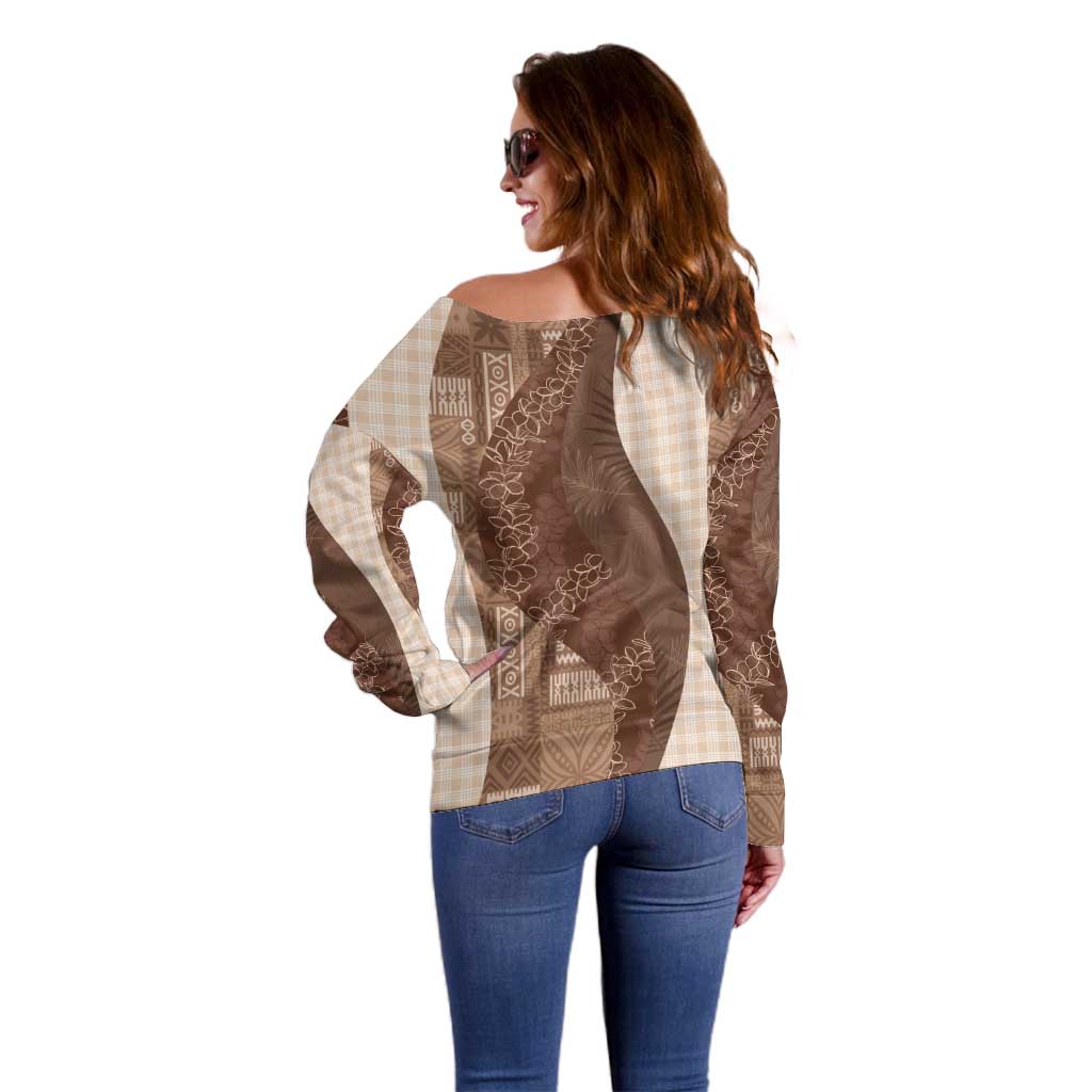 Polynesian Tribal Pattern Patchwork Picturesque Off Shoulder Sweater Mocha LT7 - Polynesian Pride