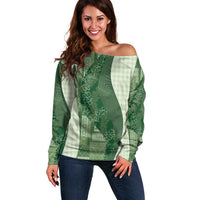 Polynesian Tribal Pattern Patchwork Picturesque Off Shoulder Sweater Sage Green LT7 Women Sage Green - Polynesian Pride