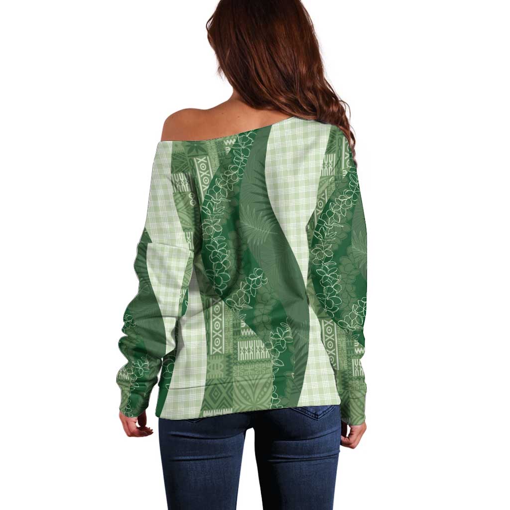 Polynesian Tribal Pattern Patchwork Picturesque Off Shoulder Sweater Sage Green LT7 - Polynesian Pride