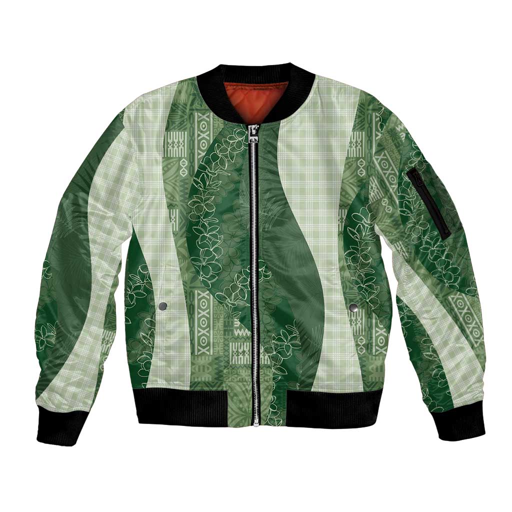 Polynesian Tribal Pattern Patchwork Picturesque Sleeve Zip Bomber Jacket Sage Green LT7 Unisex Sage Green - Polynesian Pride