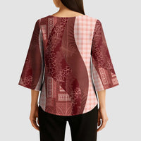 Polynesian Tribal Pattern Patchwork Picturesque Kimono Sleeve Blouse Crimson LT7 - Polynesian Pride