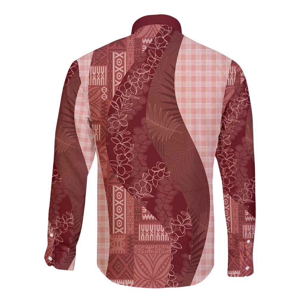 Polynesian Tribal Pattern Patchwork Picturesque Long Sleeve Button Shirt Crimson LT7 - Polynesian Pride