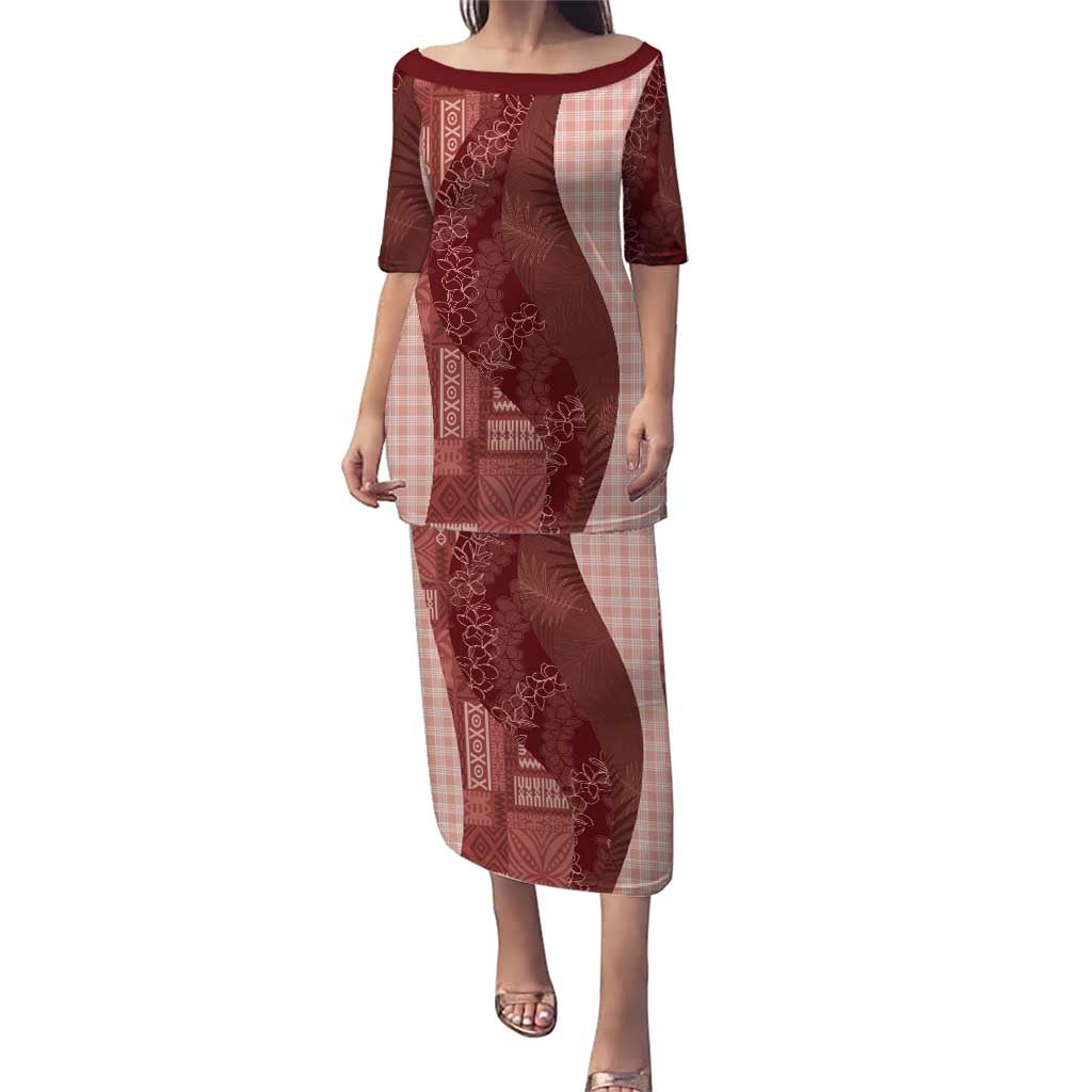 Polynesian Tribal Pattern Patchwork Picturesque Puletasi Crimson LT7 Long Dress Crimson - Polynesian Pride