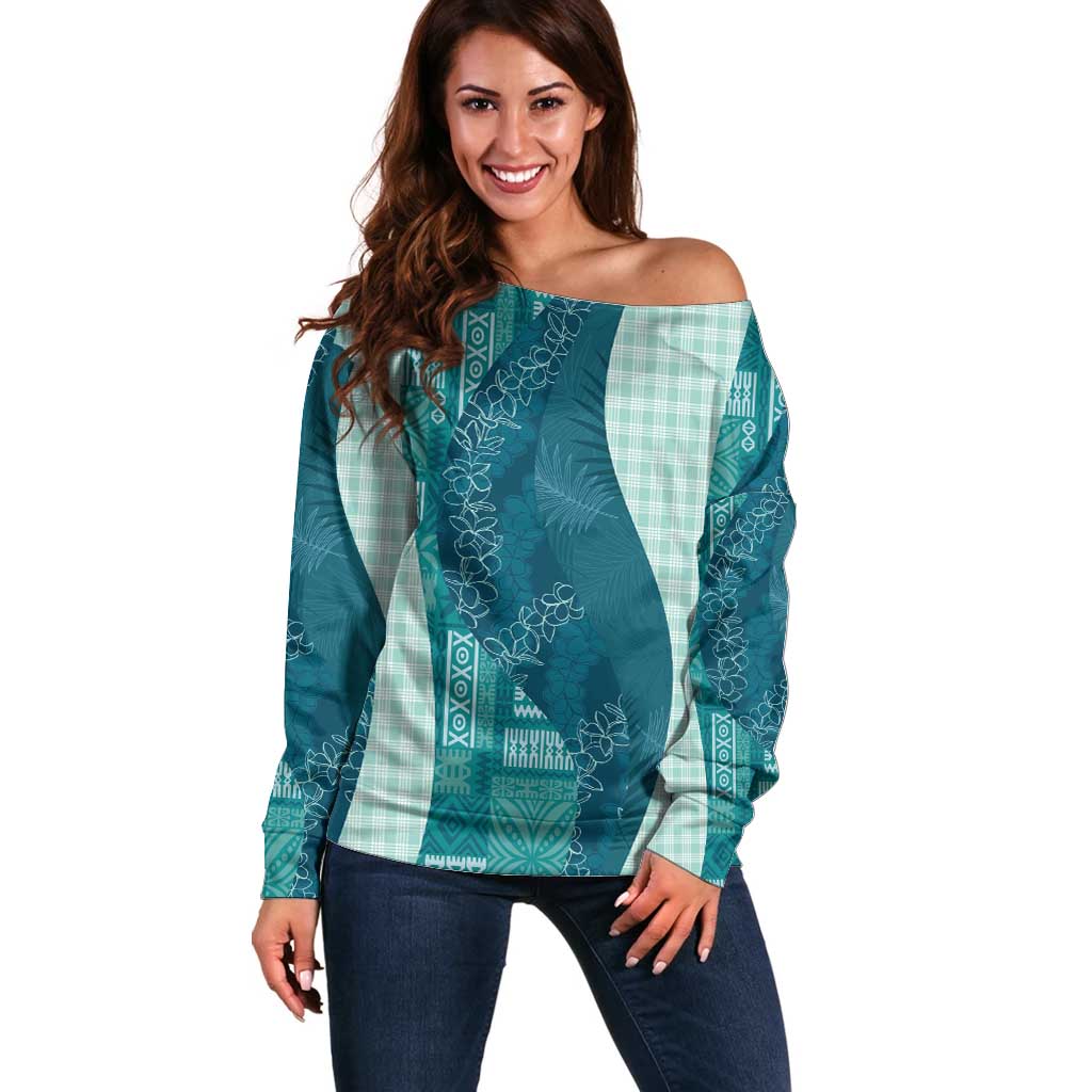 Polynesian Tribal Pattern Patchwork Picturesque Off Shoulder Sweater Oceanic LT7 Women Blue - Polynesian Pride