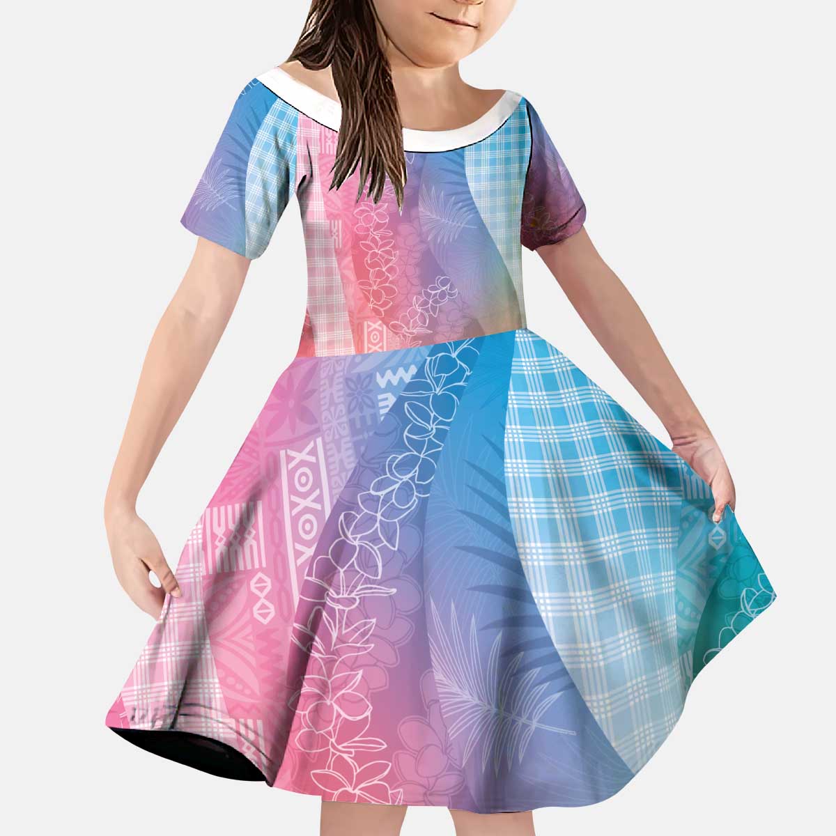 Polynesian Tribal Pattern Patchwork Picturesque Kid Short Sleeve Dress Holographic LT7 KID Holographic - Polynesian Pride