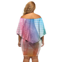 Polynesian Tribal Pattern Patchwork Picturesque Off Shoulder Short Dress Holographic LT7 - Polynesian Pride