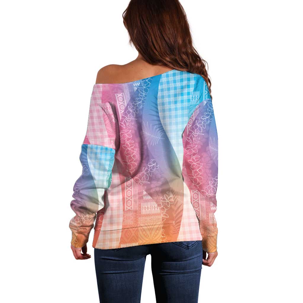 Polynesian Tribal Pattern Patchwork Picturesque Off Shoulder Sweater Holographic LT7 - Polynesian Pride