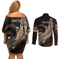 Personalized Solomon Islands Crocodile Couples Matching Off Shoulder Short Dress and Long Sleeve Button Shirt Hapi Isles - Independence Anniversary LT7 - Polynesian Pride