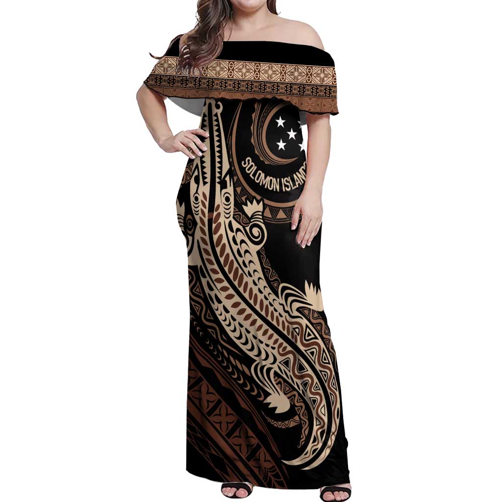 Personalized Solomon Islands Crocodile Off Shoulder Maxi Dress Hapi Isles - Independence Anniversary LT7 Women Brown - Polynesian Pride