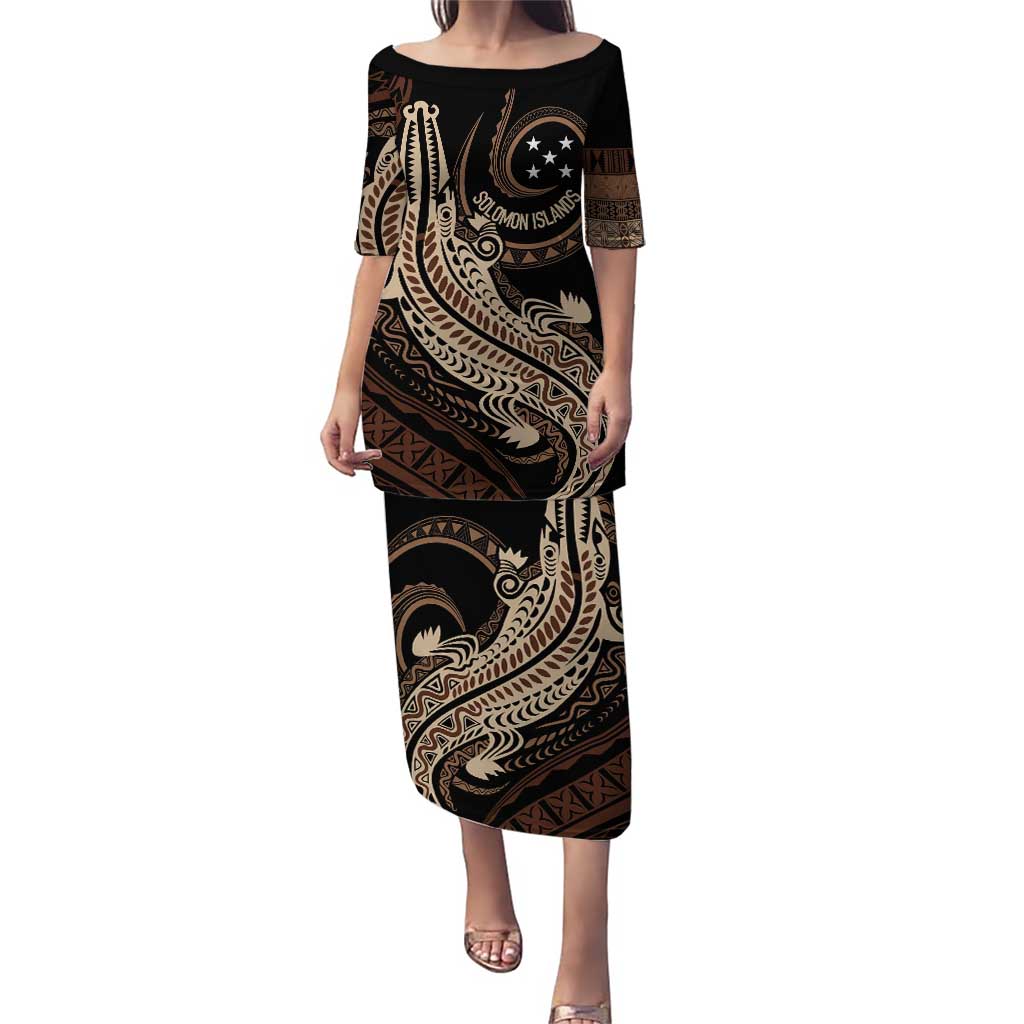 Personalized Solomon Islands Crocodile Puletasi Hapi Isles - Independence Anniversary LT7 Long Dress Brown - Polynesian Pride