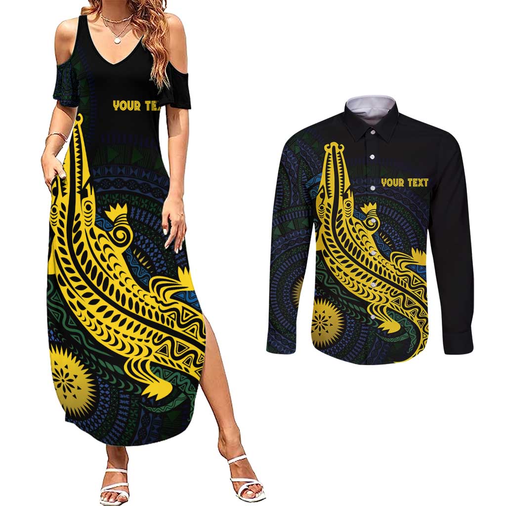 Personalized Solomon Islands Independence Anniversary Couples Matching Summer Maxi Dress and Long Sleeve Button Shirt Crocodile Mix Tapa LT7 Colorful - Polynesian Pride