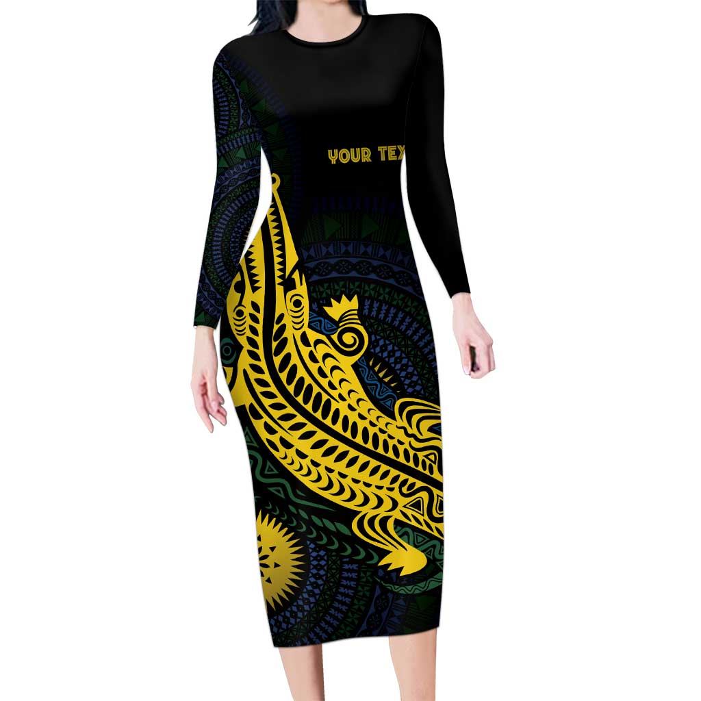 Personalized Solomon Islands Independence Anniversary Long Sleeve Bodycon Dress Crocodile Mix Tapa LT7 Long Dress Colorful - Polynesian Pride