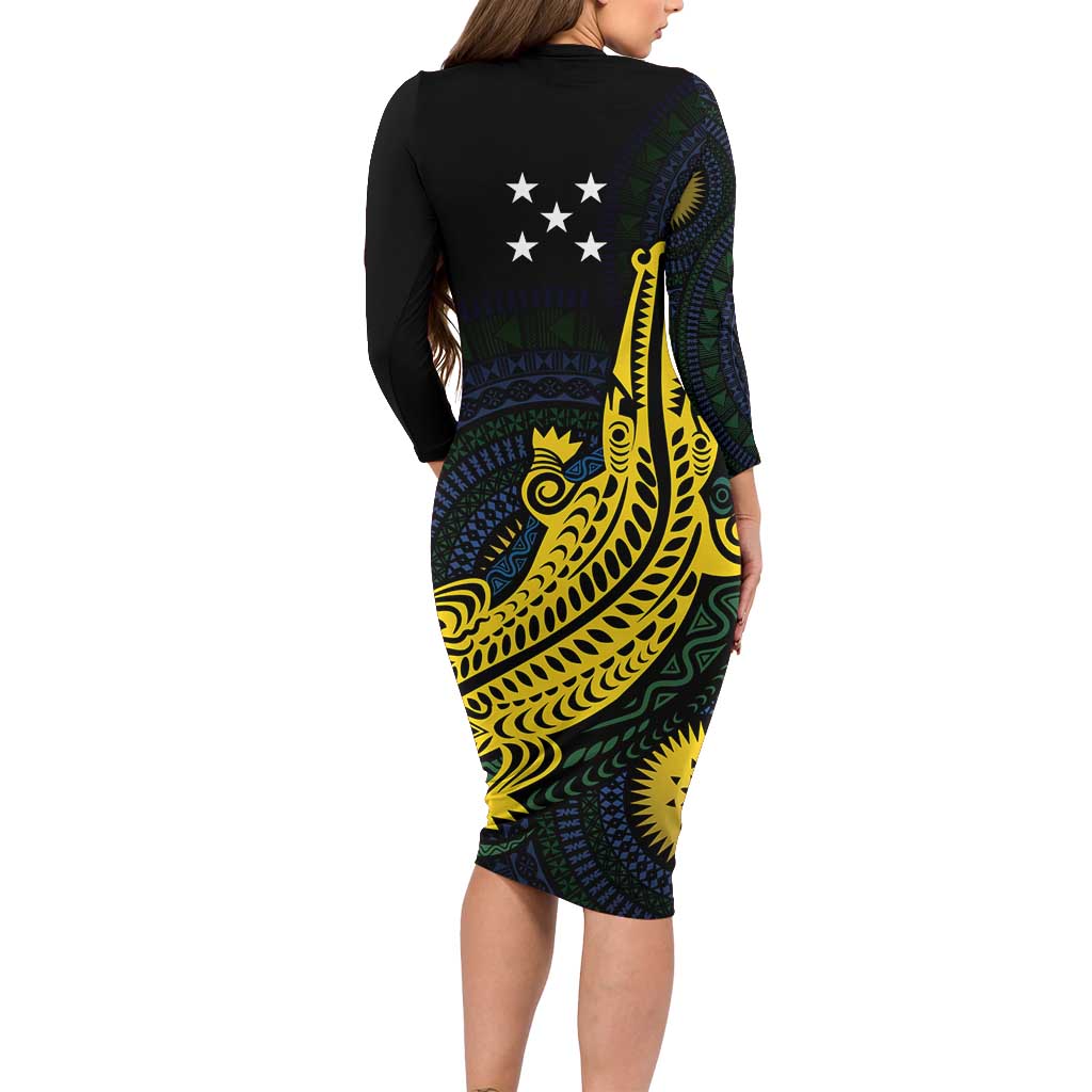 Personalized Solomon Islands Independence Anniversary Long Sleeve Bodycon Dress Crocodile Mix Tapa LT7 - Polynesian Pride