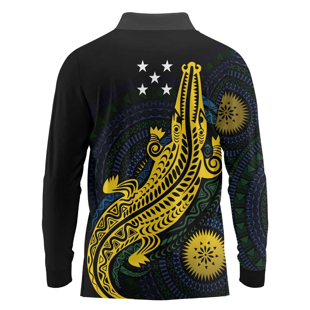 Personalized Solomon Islands Independence Anniversary Long Sleeve Polo Shirt Crocodile Mix Tapa LT7 - Polynesian Pride