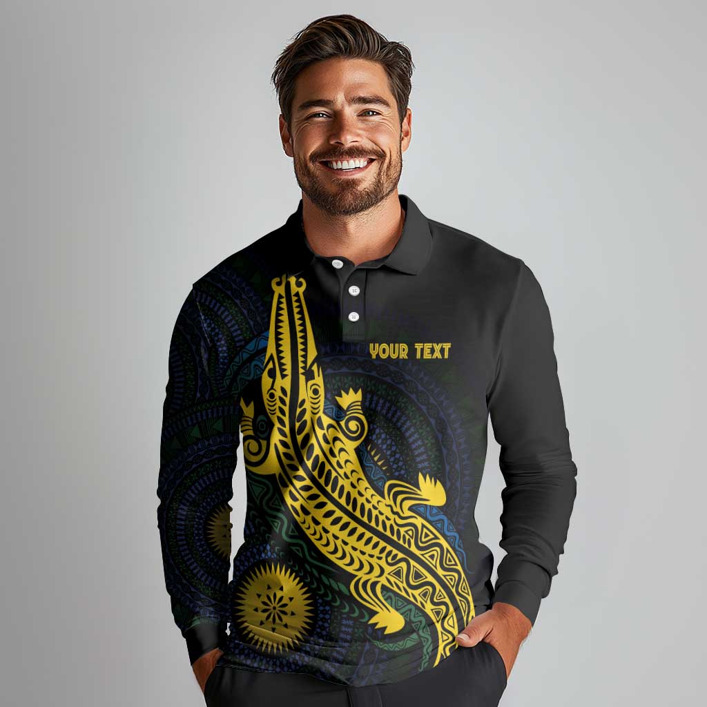 Personalized Solomon Islands Independence Anniversary Long Sleeve Polo Shirt Crocodile Mix Tapa LT7 - Polynesian Pride