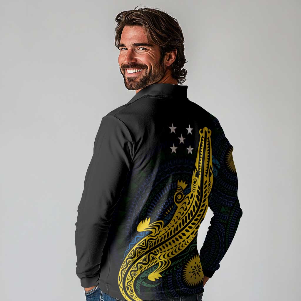 Personalized Solomon Islands Independence Anniversary Long Sleeve Polo Shirt Crocodile Mix Tapa LT7 - Polynesian Pride