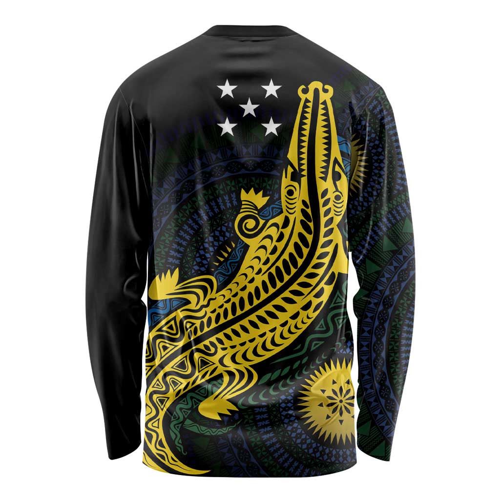Personalized Solomon Islands Independence Anniversary Long Sleeve Shirt Crocodile Mix Tapa LT7 - Polynesian Pride
