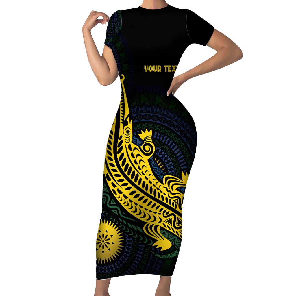 Personalized Solomon Islands Independence Anniversary Short Sleeve Bodycon Dress Crocodile Mix Tapa LT7 Long Dress Colorful - Polynesian Pride