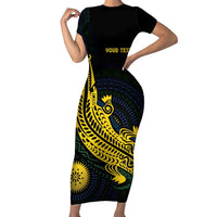 Personalized Solomon Islands Independence Anniversary Short Sleeve Bodycon Dress Crocodile Mix Tapa LT7 Long Dress Colorful - Polynesian Pride