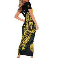 Personalized Solomon Islands Independence Anniversary Short Sleeve Bodycon Dress Crocodile Mix Tapa LT7 - Polynesian Pride