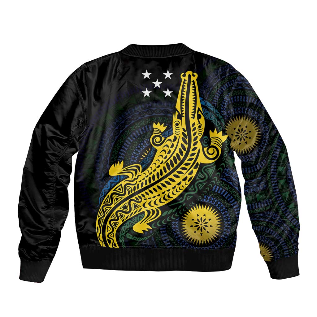 Personalized Solomon Islands Independence Anniversary Sleeve Zip Bomber Jacket Crocodile Mix Tapa LT7 - Polynesian Pride