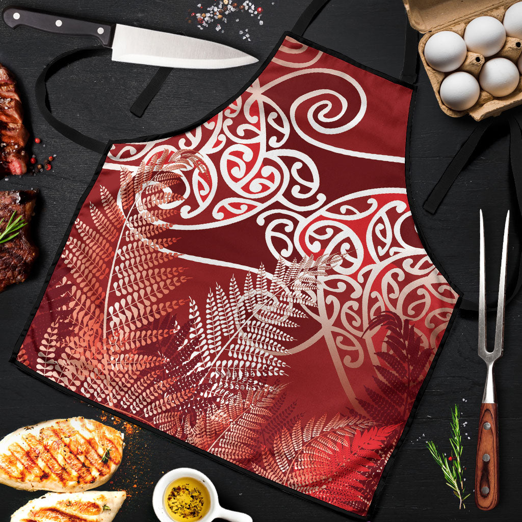 Aotearoa Maori Koru Curves Apron Silver Ferns - Crimson Red LT7 Red - Polynesian Pride