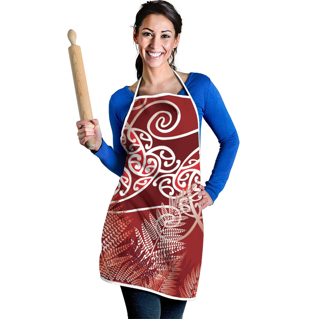 Aotearoa Maori Koru Curves Apron Silver Ferns - Crimson Red LT7 - Polynesian Pride
