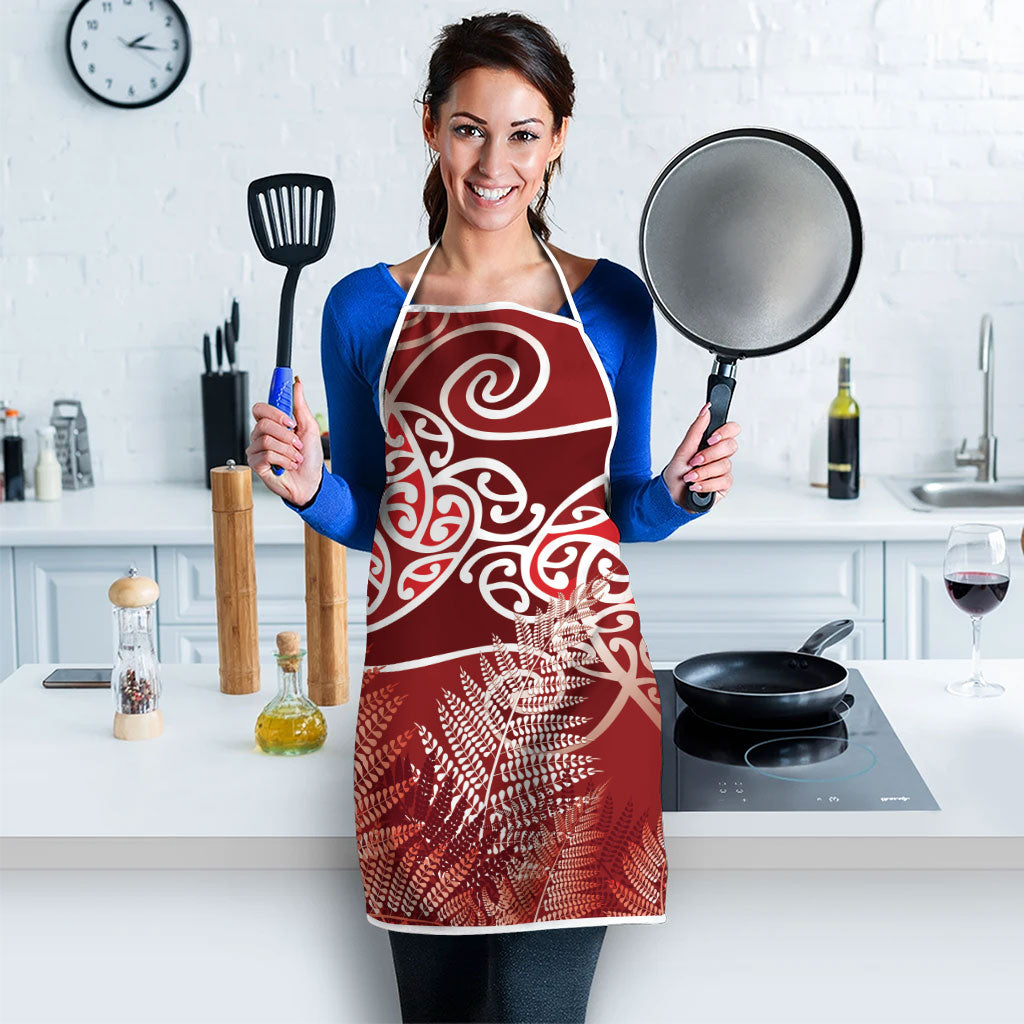 Aotearoa Maori Koru Curves Apron Silver Ferns - Crimson Red LT7 - Polynesian Pride